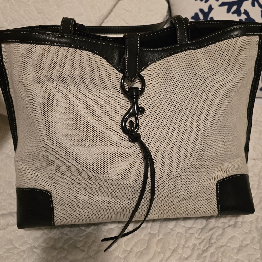 Rebecca Minkoff Beige Canvas and Black Leather Tote